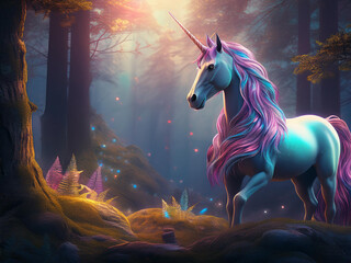 Pink and Blue Unicorn in Forest