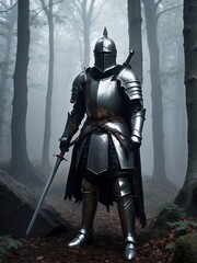 Obraz premium Knight in Shining Armor Standing in Misty Forest
