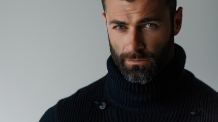 Obraz premium A gentleman wearing a turtle neck sweater and sporting a beard, suitable for various occasions such as business meetings or casual gatherings