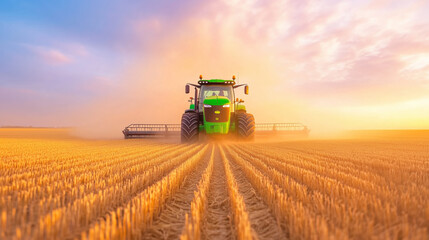 Fototapeta premium Tractor plowing golden wheat fields at sunset in a rural landsca
