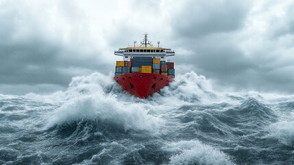 
Container Ship in Stormy Seas: A large container ship battling rough seas and high waves, dramatic sky in the background,