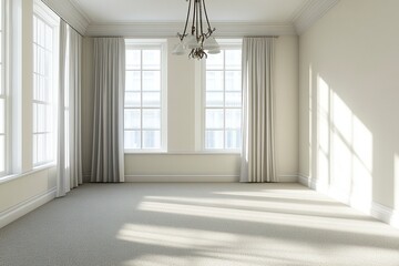 Fototapeta premium A spacious empty room in an urban apartment, featuring two large windows with light curtains and a vintage hanging light fixture this setting showcases carpeted flooring .generative ai