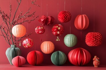Chinese new year paper decorations on a red background copy space . ai generated