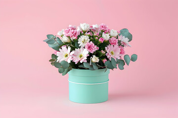 Naklejka premium bouquet of flowers in turquoise gift box isolated on pink