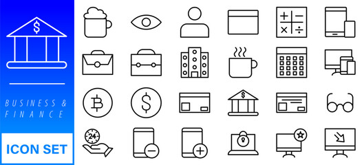 Business and finance editable stroke line icon set with money, bank, check, law, auction, exchance, payment, wallet, deposit, piggy, calculator, web and more isolated outline thin symbol