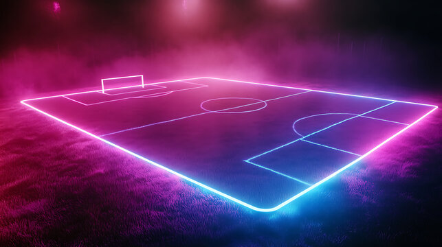 Neon soccer field 3D render with hologram effects, featuring a pink and blue color palette against a dark background, showcasing hyper-realistic and highly detailed design. - Powered by Adobe