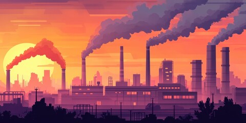 An industrial landscape with smokestacks billowing pollution into the dusk sky, highlighting environmental concerns and energy issues