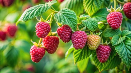 Natural background with fresh green garden raspberries on a branch aerial view