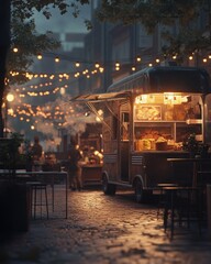 Obraz premium Evening Delights at a Summer Food Truck Event. Generative AI image