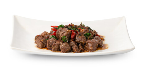 Stir fry Diced Beef Wagyu with garlic and basil leaf in chilli sauce (Pad Kra pao), Thai Basil Minced beef isolated on white background,Thai spicy food, front view, Thai Food concept.