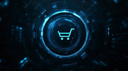 Abstract blue digital background with shopping cart icon on circular glowing line in the center generative ai