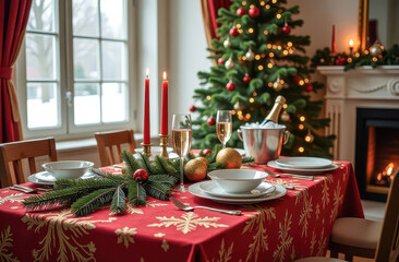 Obraz premium Festively Set Table with Red Tablecloth - Christmas Tree, Candles, Champagne, Romance, Celebration, Guests, Dinner