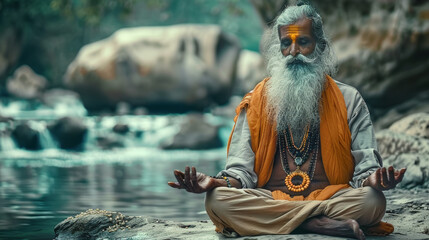 Elderly Indian Yogi Meditating by a Peaceful River in Nature, Spiritual Serenity in Traditional Attire.