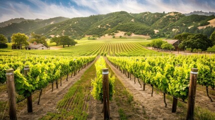 Fototapeta premium A serene view of the picturesque vineyards and rolling hills of the Napa Valley with wine barrels and rustic farmhouses, rural setting with rich greens and warm browns, Napa Valley style