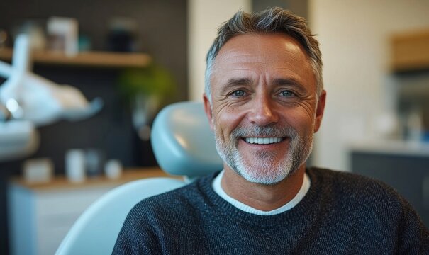 Confident mature man with a charming smile relaxing in a modern dental clinic chair, portraying dental care and healthy lifestyle for seniors, Generative AI