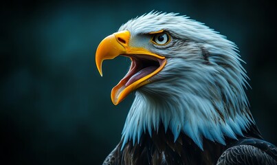 Obraz premium Majestic bald eagle portrait with open beak against a dark background, showcasing the fierce beauty and strength of this iconic bird of prey, Generative AI