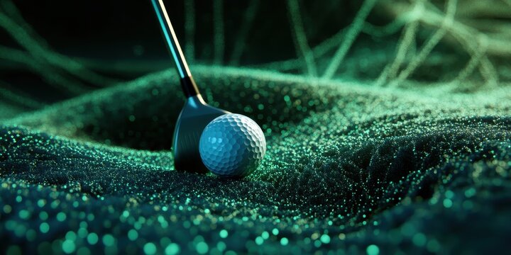 Close-up of golf club and ball on green. Generative AI image