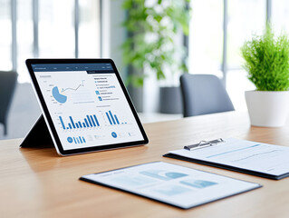 Fototapeta premium Innovative business dashboard displaying data analytics on a tablet with professional reports and visual graphs in a modern office setting