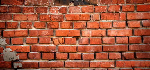 Obraz premium Panorama of red old brick wall. Detailed texture of aged masonry with broken bricks and peeling plaster. Urban, grunge, industrial, abstract backdrop. Pattern of loft interior or exterior background