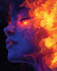 Fototapeta premium profile of a woman with fiery and cool contrasts depicted in a swirl of red and blue lines