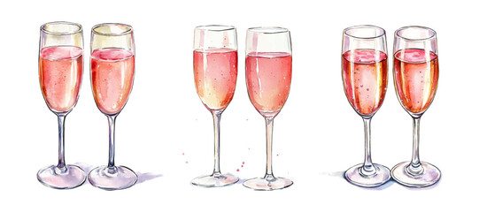 Watercolor glasses of pink champagne png. Pink sparkling wine in glass transparent glasses, watercolor. Vector illustration. © Narin