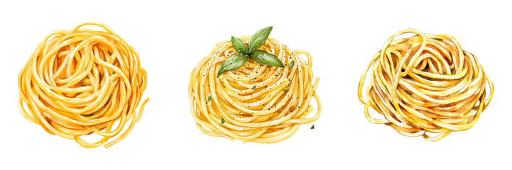 Watercolor Italian pasta png. Watercolor spaghetti decorated with herbs and a sprig of basil. Italian cuisine. Vector illustration.