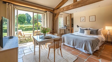 Fototapeta premium Airbnb style living room, with prepared table, big bed, convertible sofa, tv set and open window with view to sunny garden, clean and functional studio apartment in Normandy, generative ai