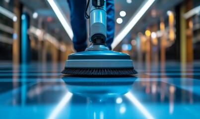 Professional janitorial staff using an industrial floor buffer machine for cleaning and polishing the hallway of a modern corporate or commercial, Generative AI
