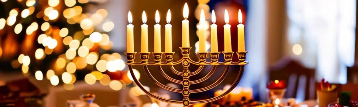 Hanukkah menorah candelabrum with nine lit candles against bokeh lights background. Website banner