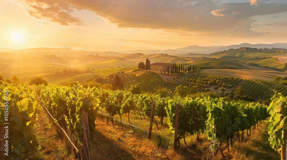 Aufkleber a serene view of the rolling hills and vineyards of tuscany with traditional farmhouse architecture 