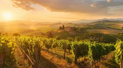 Fototapeta premium A serene view of the rolling hills and vineyards of Tuscany with traditional farmhouse architecture and lush grapevines under a golden sunset, rural setting with warm golds and greens, Tuscany style