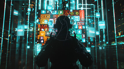 Futuristic silhouette of a person wearing a headset, exploring a digital interface with neon icons