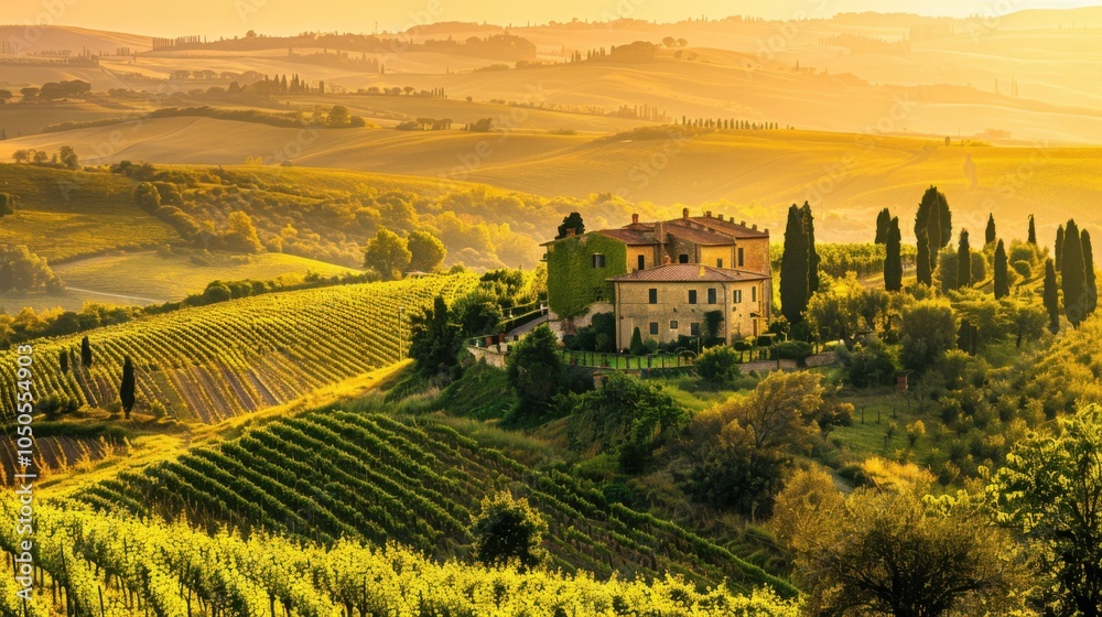 Aufkleber a serene view of the rolling hills and vineyards of tuscany with traditional farmhouse architecture 