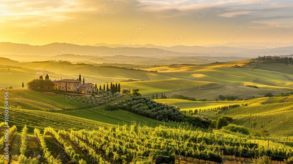 Aufkleber a serene view of the rolling hills and vineyards of tuscany with traditional farmhouse architecture 