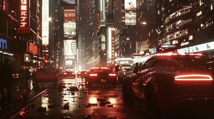 Fototapeta premium Futuristic city at night with sleek cars driving through neon-lit streets, showcasing cyberpunk vibes