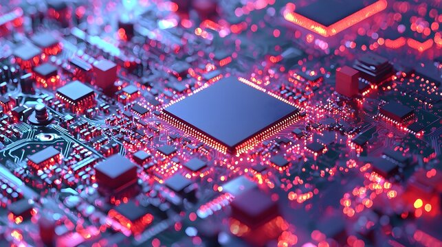 Futuristic Microchip with Flowing Binary Code Layers