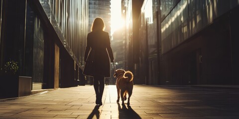 Businesswoman with a guide dog confidently walking through an urban setting