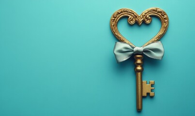 Vintage Golden Key with Ornate Heart Shaped Bow on Teal Background, Symbolizing Real Estate, Home, Romance, and Security Concepts, Generative AI