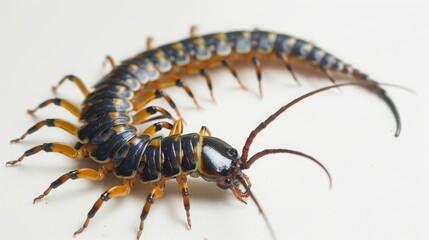 A close-up of a black and orange centipede with long, thin antennae. The centipede is curled in a defensive position on a white background.