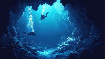 Obraz premium Two scuba divers explore a dark underwater cave with a bright blue opening above.