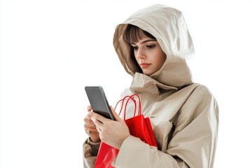 A woman wearing a hoodie examines her cell phone in a casual setting