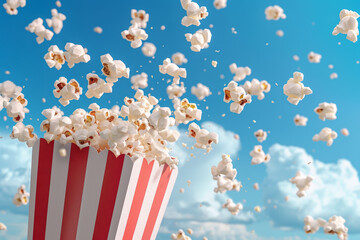A red and white box of popcorn is being thrown into the air