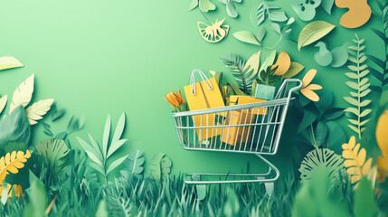 Sustainable shopping cart filled with eco friendly items in green setting