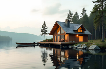 Obraz premium house in the forest on the shore of a large lake