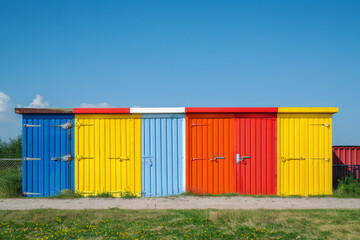 A row of colorful beach houses with blue, yellow, and red doors