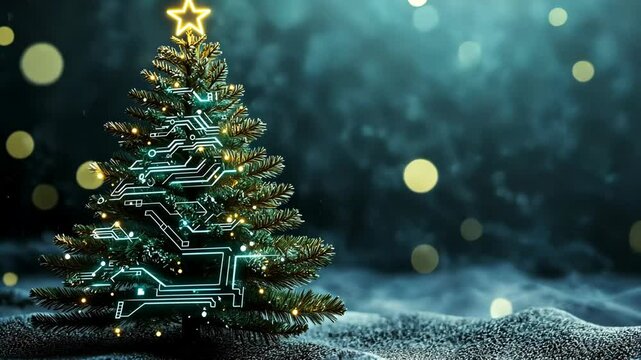 A digital Christmas tree stands tall in a snowy landscape, glowing with festive lights and intricate circuitry
