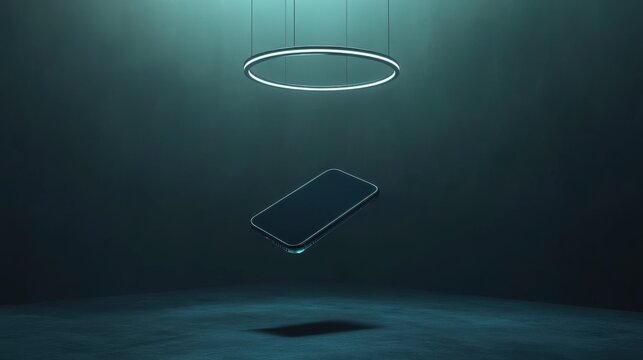 A smartphone mockup hovers, surrounded by metallic rings and distorted light - Powered by Adobe
