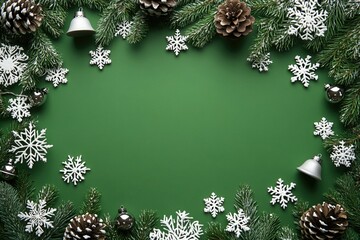 Festive christmas border made of fir branches, pine cones, snowflakes and silver bells on green background with copy space