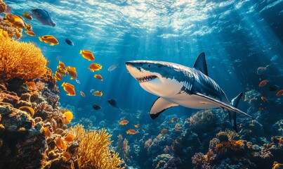 Fototapeta premium Great White Shark Swimming Among Coral Reefs With Fish in Sunlit Underwater Ocean Scene, Predator Wildlife in Marine Nature, Blue Water, Teeth, Vibrant Sea Life, Travel, Undersea, Generative AI