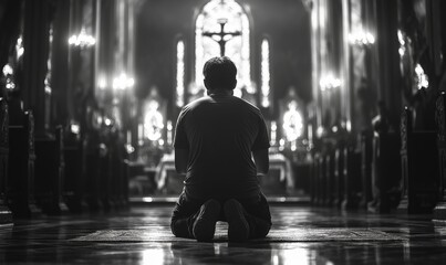 Grayscale Image of a Man Praying on Knees in Church, Reflective Spiritual Worship Setting with Blurred Background and Altar, Capturing Quiet Devotion and Faith in Religious, Generative AI